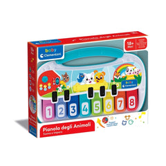 Baby Clementoni musical keyboard toy features vibrant colors, large numbered keys, and animal designs for early learning fun.