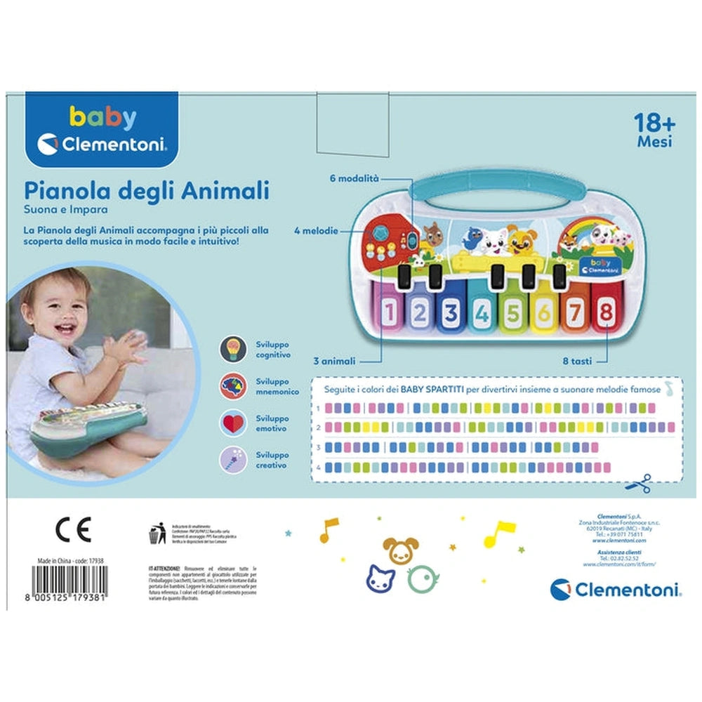 Colorful Baby Clementoni musical keyboard toy with animal illustrations, designed for children aged 18 months and up.