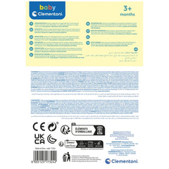 Baby Clementoni Rainy Cloud Rattle label featuring yellow background with blue and white text, icons, and certifications.