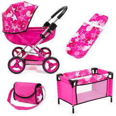 BAYER DESIGN Cosy Combi Pram Set features a pink stroller, bag, and changing table with shiny and matte materials and black a