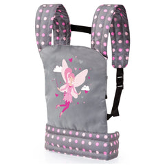 BAYER DESIGN doll carrier in gray with pink polka dots features a fairy design, black strap, and matte finish.