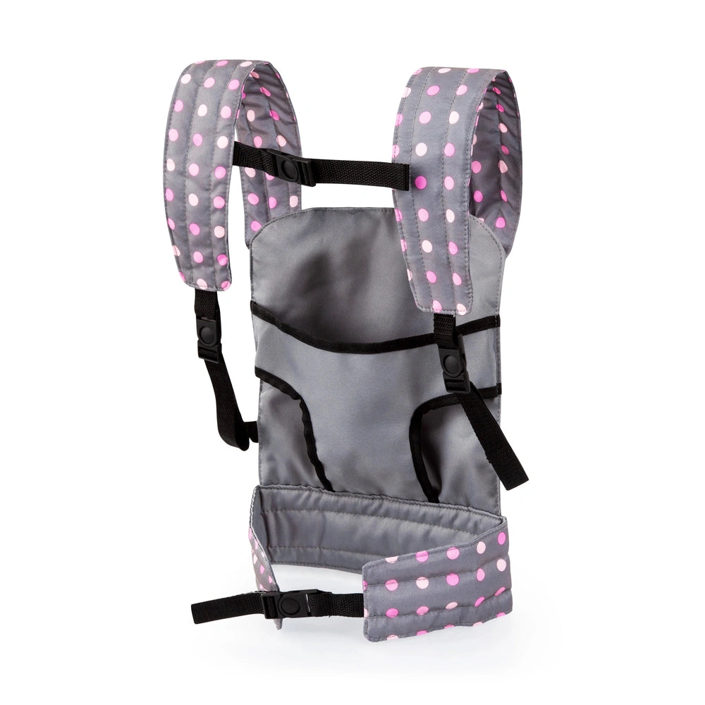 BAYER DESIGN gray and pink polka dot doll carrier features multiple zippers, pockets, and adjustable black straps for conveni