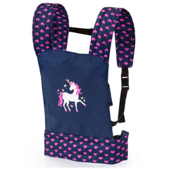 BAYER DESIGN Doll Carrier in dark blue with a unicorn graphic, pink heart straps, zipper closure, and adjustable buckles.