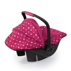 BAYER DESIGN Doll Deluxe Car Seat features pink polka dot fabric and a sturdy black plastic frame for dolls.