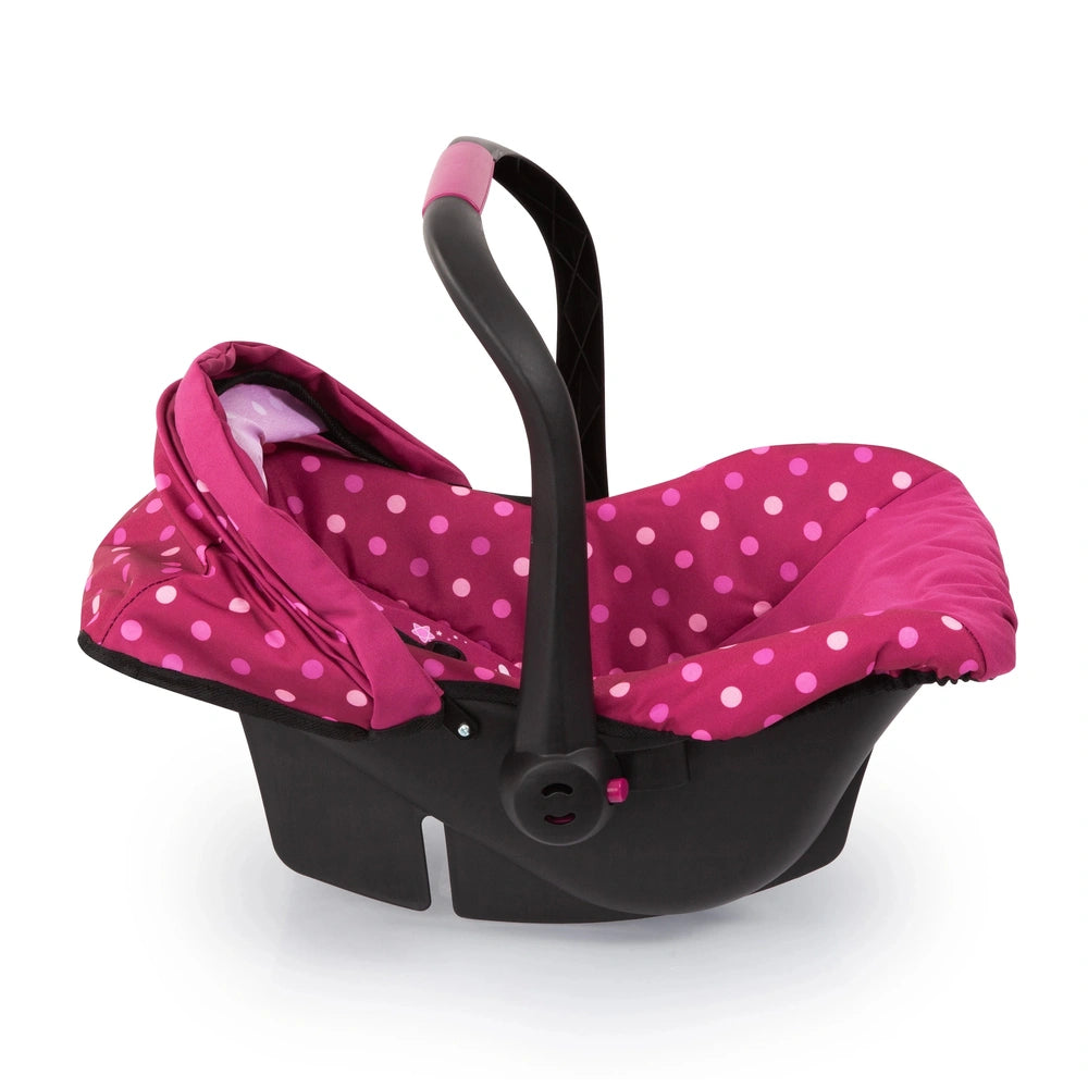 BAYER DESIGN Doll Deluxe Car Seat in pink and black features a reclining seat, adjustable handle, canopy, and safety harness.