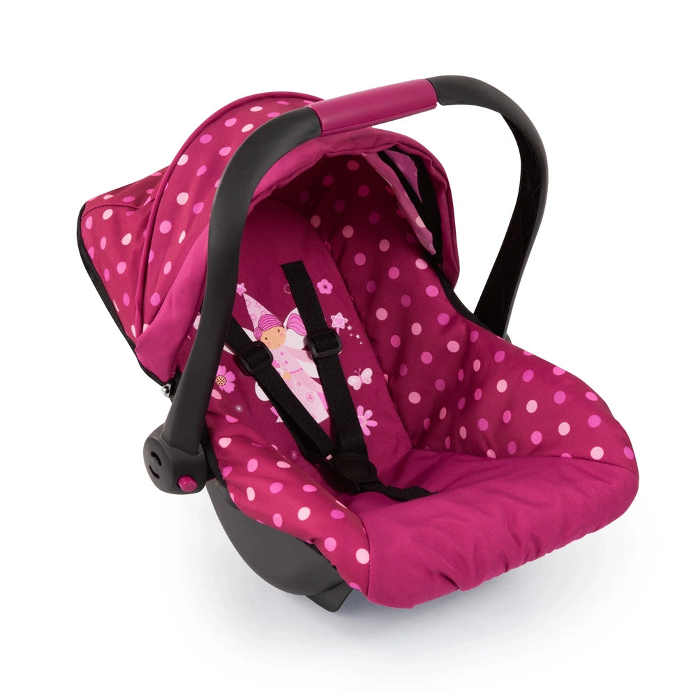 BAYER DESIGN Doll Deluxe Car Seat in pink with polka dots, black frame, canopy, and multiple safety features, ideal for plays