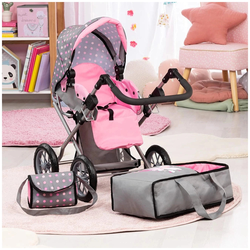 BAYER DESIGN Dolls Pram City Star in pink and gray, featuring a three-wheeled design, fabric seat, and an open canopy.