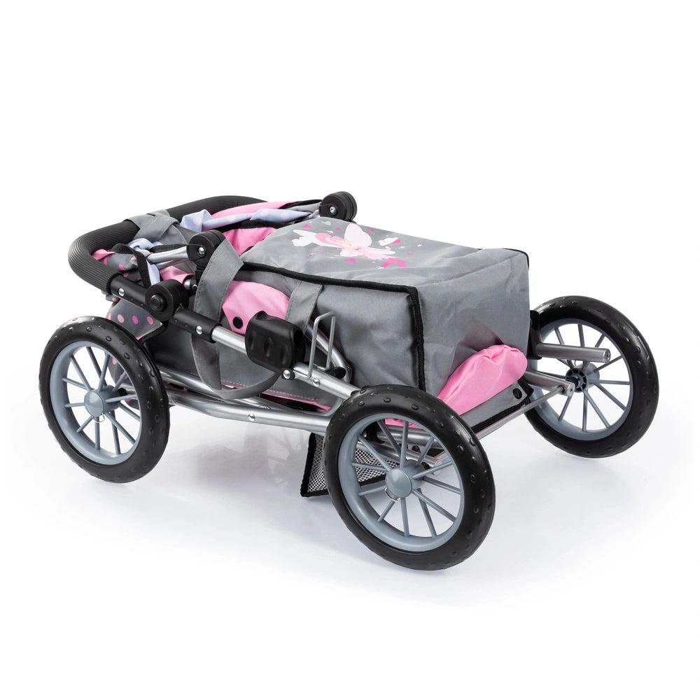 BAYER DESIGN Dolls Pram City Star features a pink and white patterned seat and canopy, gray metallic frame, and black wheels.