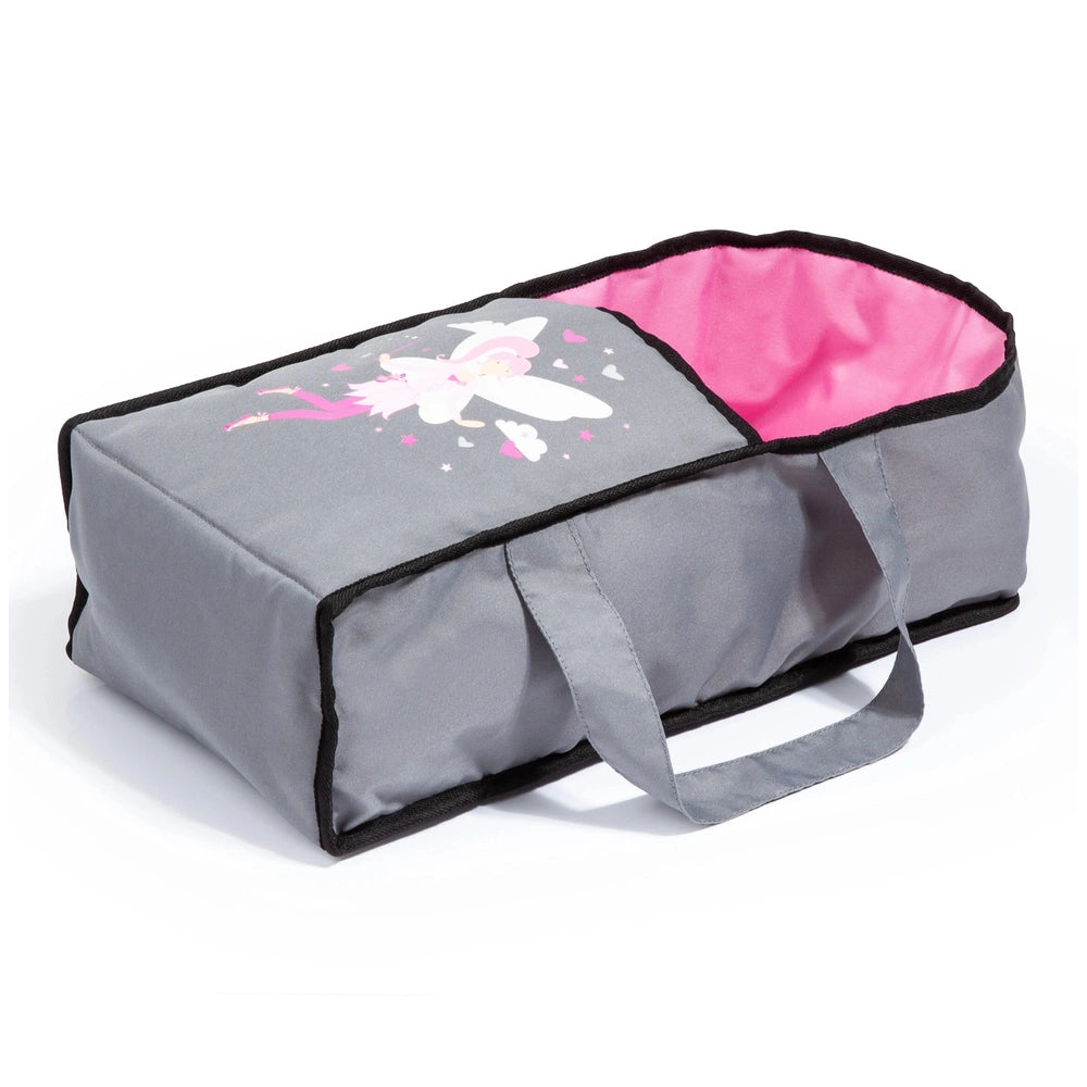 BAYER DESIGN Dolls Pram City Star in pink and gray fabric with black zippers, straps, and handles for dolls playsets.