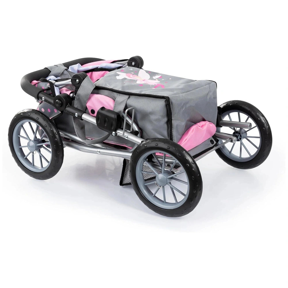 BAYER DESIGN Dolls Pram City Star in pink and gray, featuring a metallic frame, black wheels, and a soft pink seat.