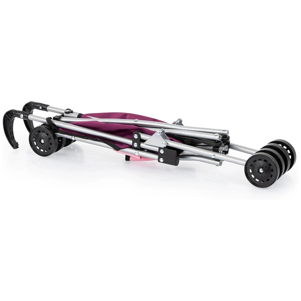 BAYER DESIGN Lila Buggy in dark purple fabric with shiny silver metal frame, reclining seat, five-point harness, and two whee