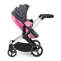 BAYER DESIGN Xeo-Doll's-Stroller features a shiny black frame, pink seat, polka dot canopy, and black wheels with pink center