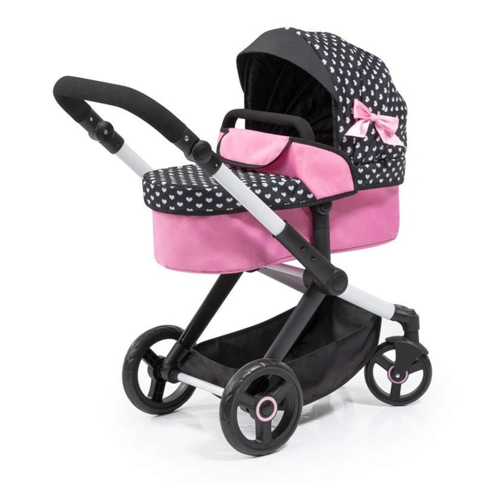 BAYER DESIGN Xeo-Doll's-Stroller features a black matte frame, pink seat cushion, polka dot canopy, and multiple functional c