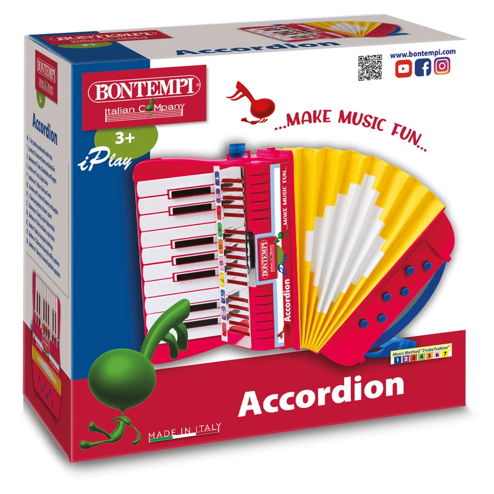 Bontempi accordion retail packaging features colorful printed text on a white cardboard background.