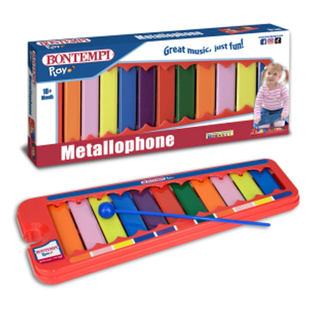 Bontempi Marching Drum Play in colorful plastic with metallic elements, featuring a red base and blue accessories.