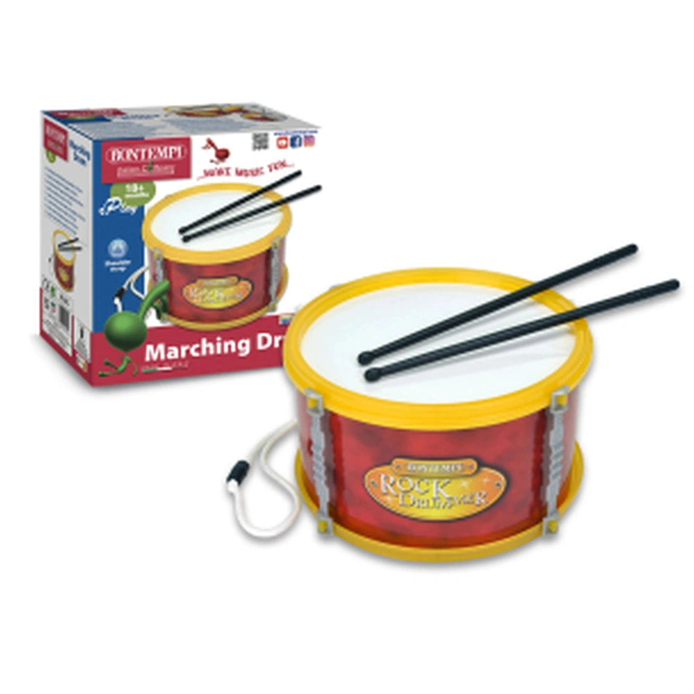 Bontempi Marching Drum Play in green with red, yellow, and black accents, made of plastic and cardboard, includes drumsticks.