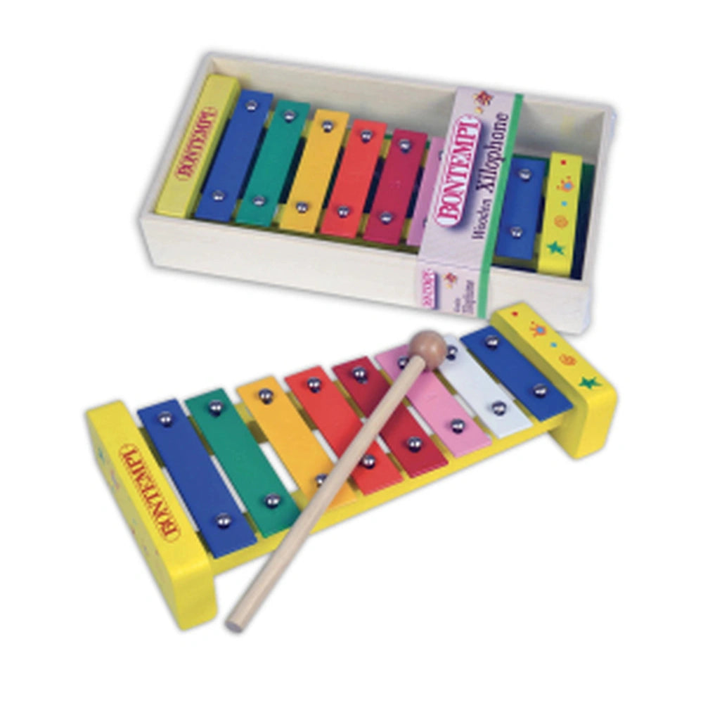 Bontempi Mini Trumpet Play in green with glossy plastic piano keys in blue, green, pink, yellow, and a wooden mallet.