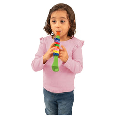 Bontempi Mini Trumpet in green held by a young girl in a pink top and blue jeans, featuring a colorful multi-section body.