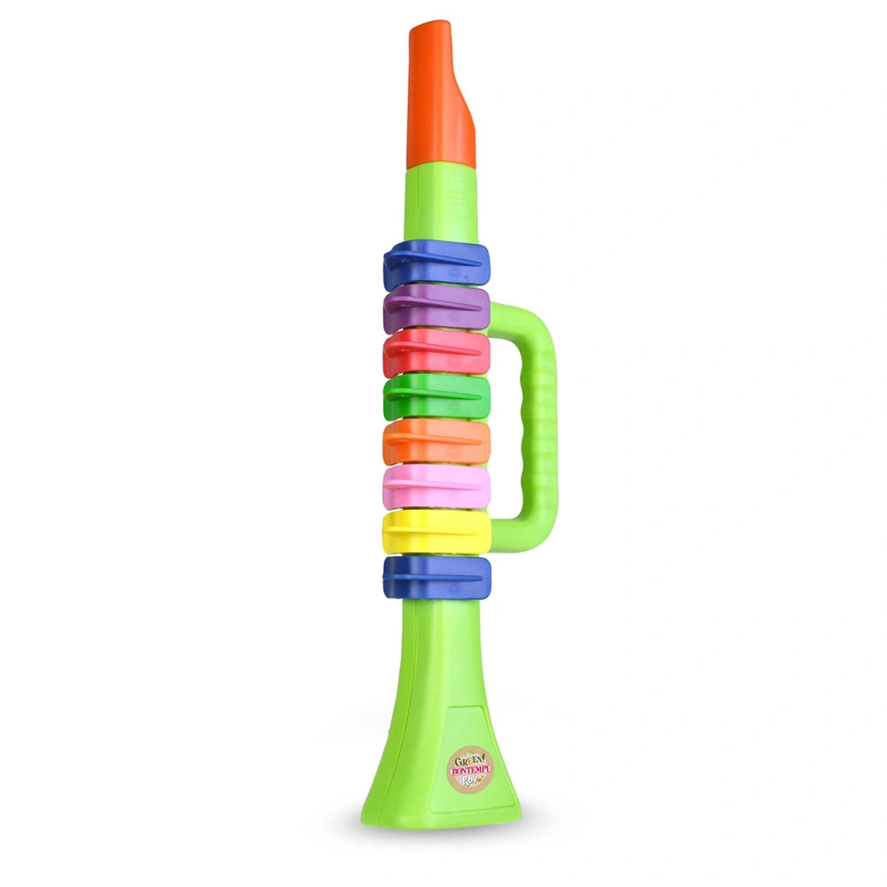 Bontempi Mini Trumpet in green plastic features colorful rings and a top handle, showcasing a cylindrical design with a matte
