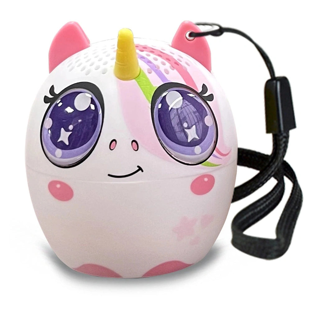 Bontempi Mini Wireless Speakers with a white body, glossy purple eyes, yellow horn, and pink facial features.