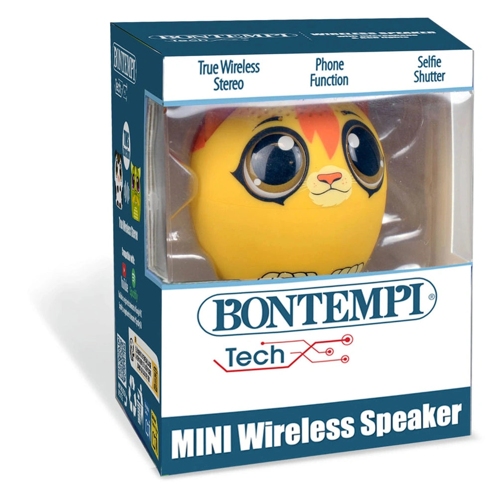 Bontempi Mini Wireless Speaker in yellow and orange plush toy design, featuring "True Wireless Stereo" text on blue cardboard