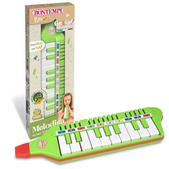 Bontempi Mouthpiano Play Green toy keyboard in green and white packaging, featuring 10 keys and a child-friendly design.