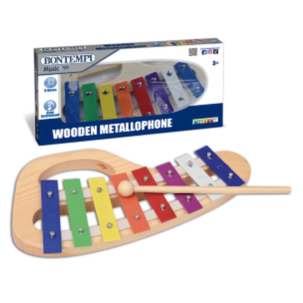 Bontempi mouth piano in green with 12 colorful plastic keys on a wooden base, includes mallet, packaged in cardboard.