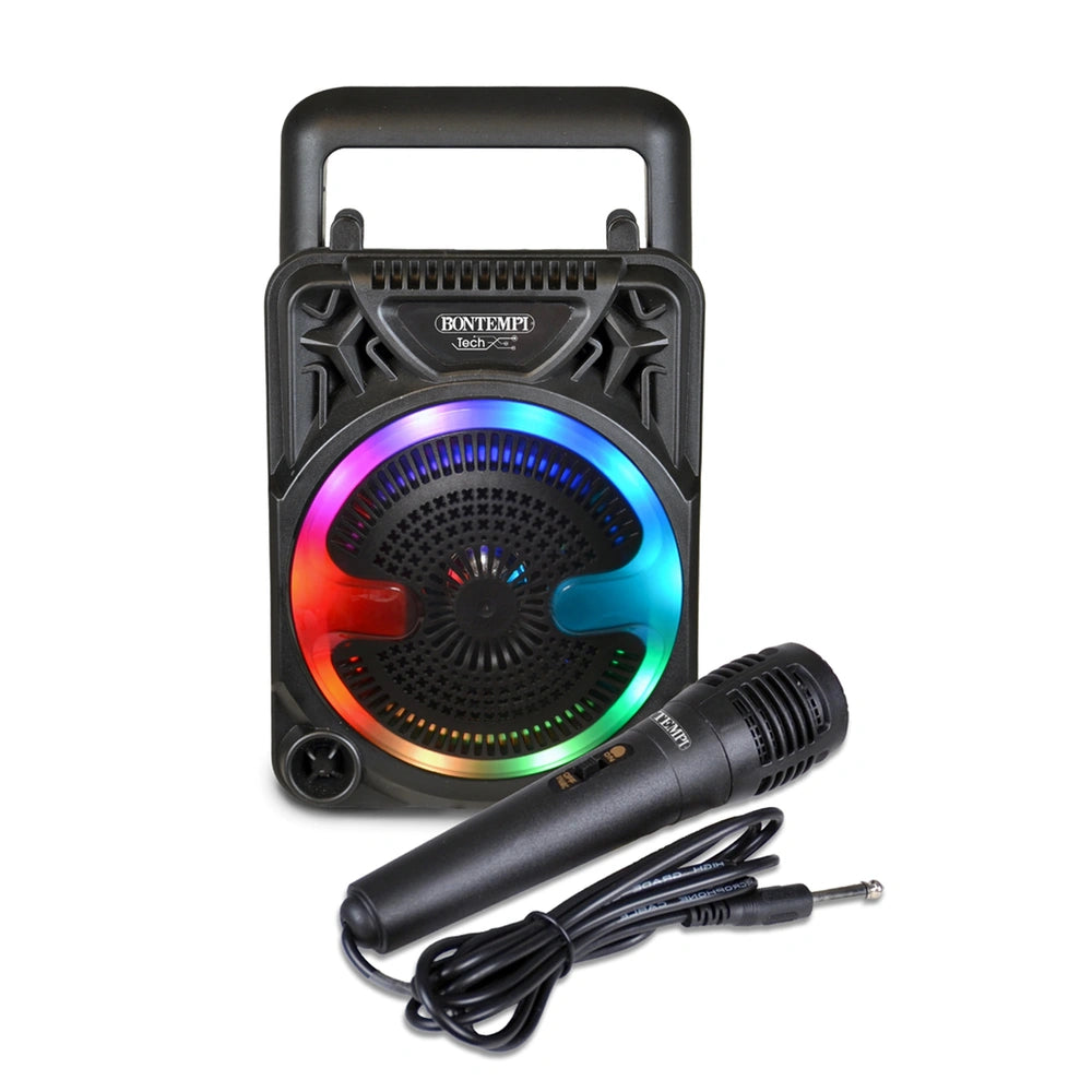 Bontempi wireless speaker with microphone, featuring a black design and colorful light-up area, labeled "BOONTAMP".