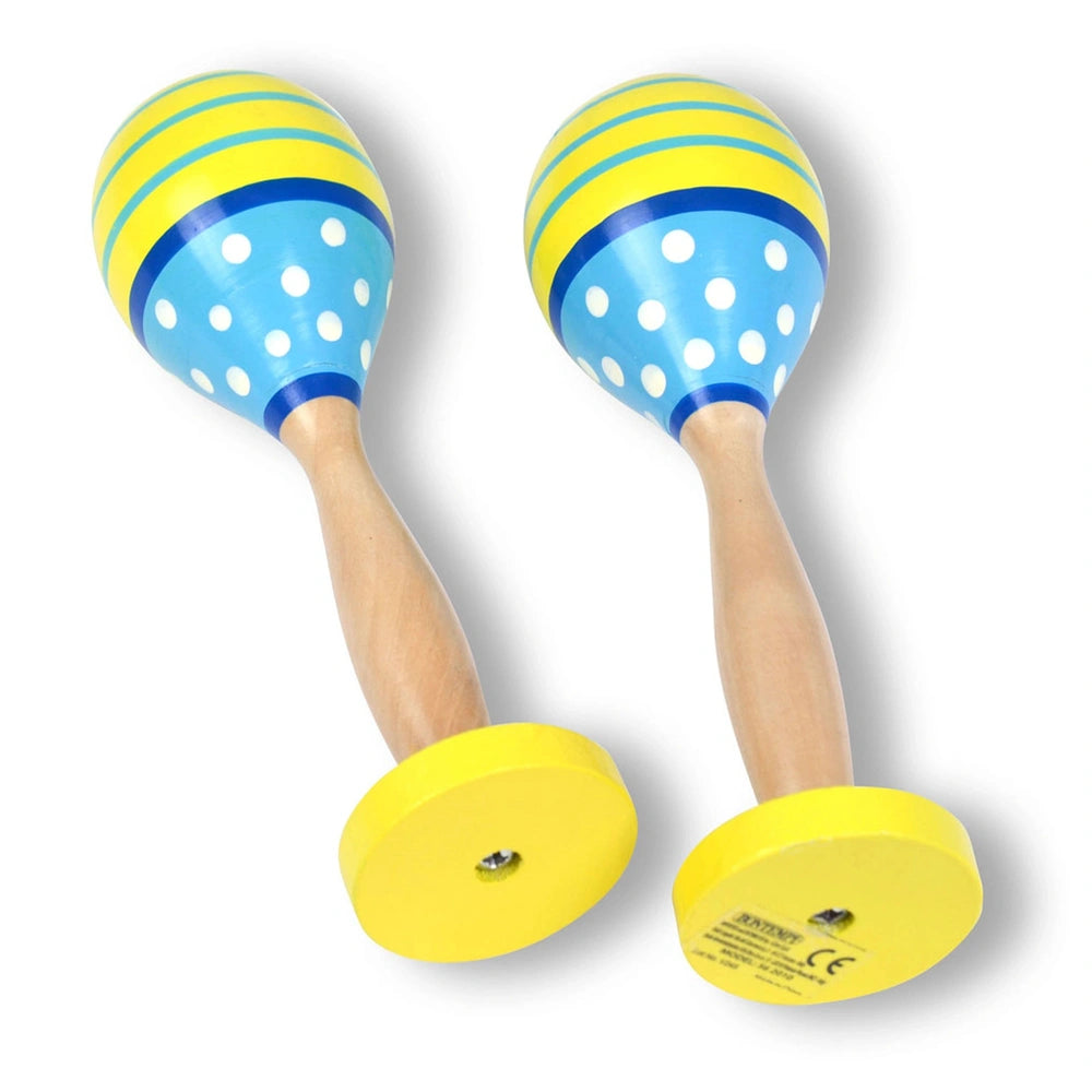 Bontempi wooden maracas with yellow bodies featuring blue and white polka dots and brown wooden handles, displayed front view