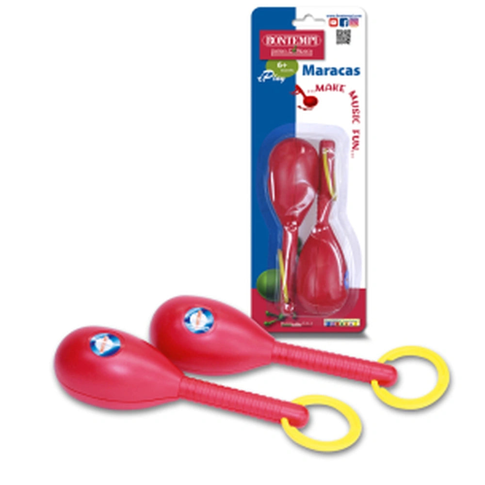 Bontempi wooden maracas in red with yellow handles, displayed in glossy blue packaging featuring a clear window and fun label