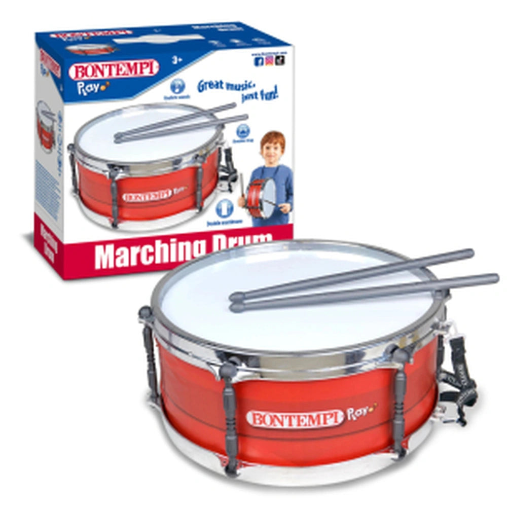 Bontempi wooden maracas with red, silver, and black finishes, featuring metal drums and drumsticks in a vibrant layout.