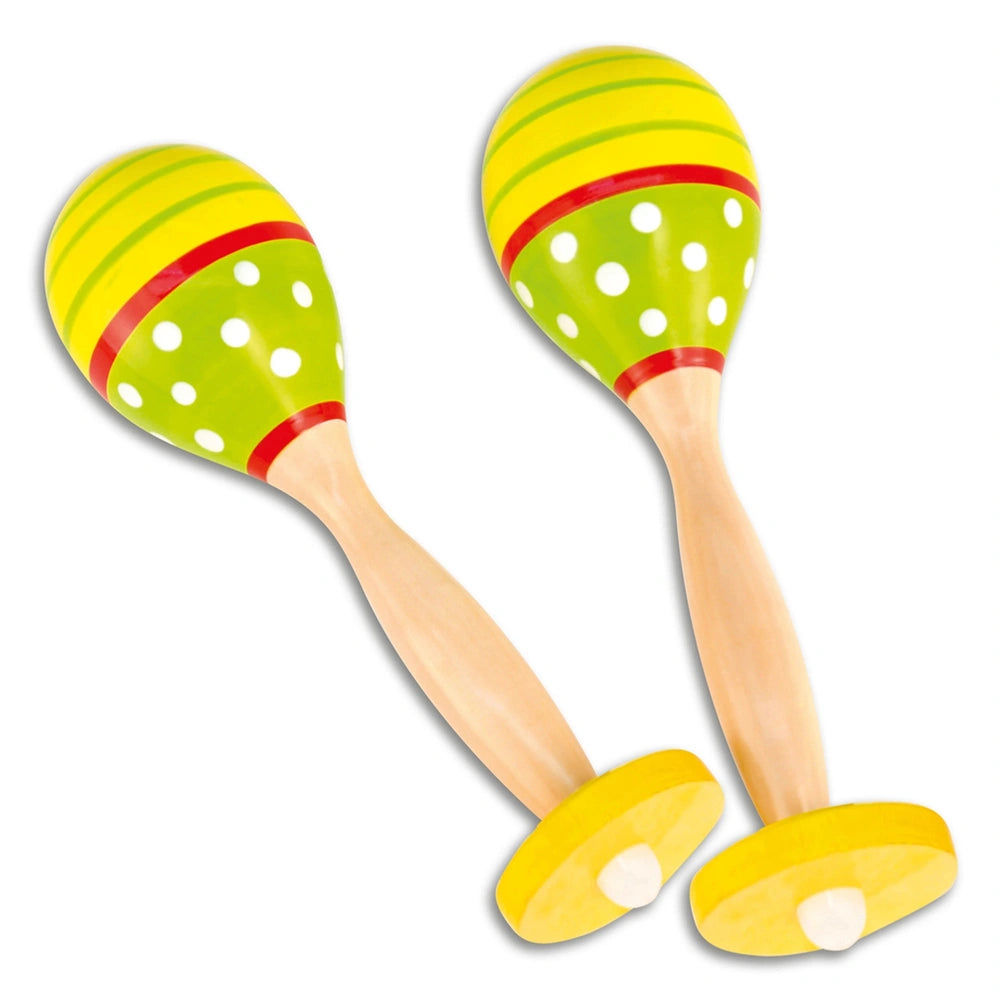 Bontempi wooden maracas in yellow with green and red stripes, featuring a white dot pattern and yellow handles.