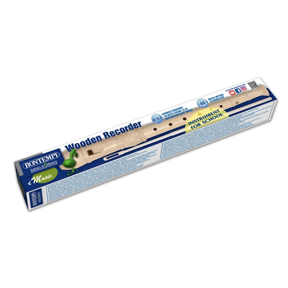Wooden recorder packaged in light beige cardboard with colorful printed text, featuring a visible green frog figure.
