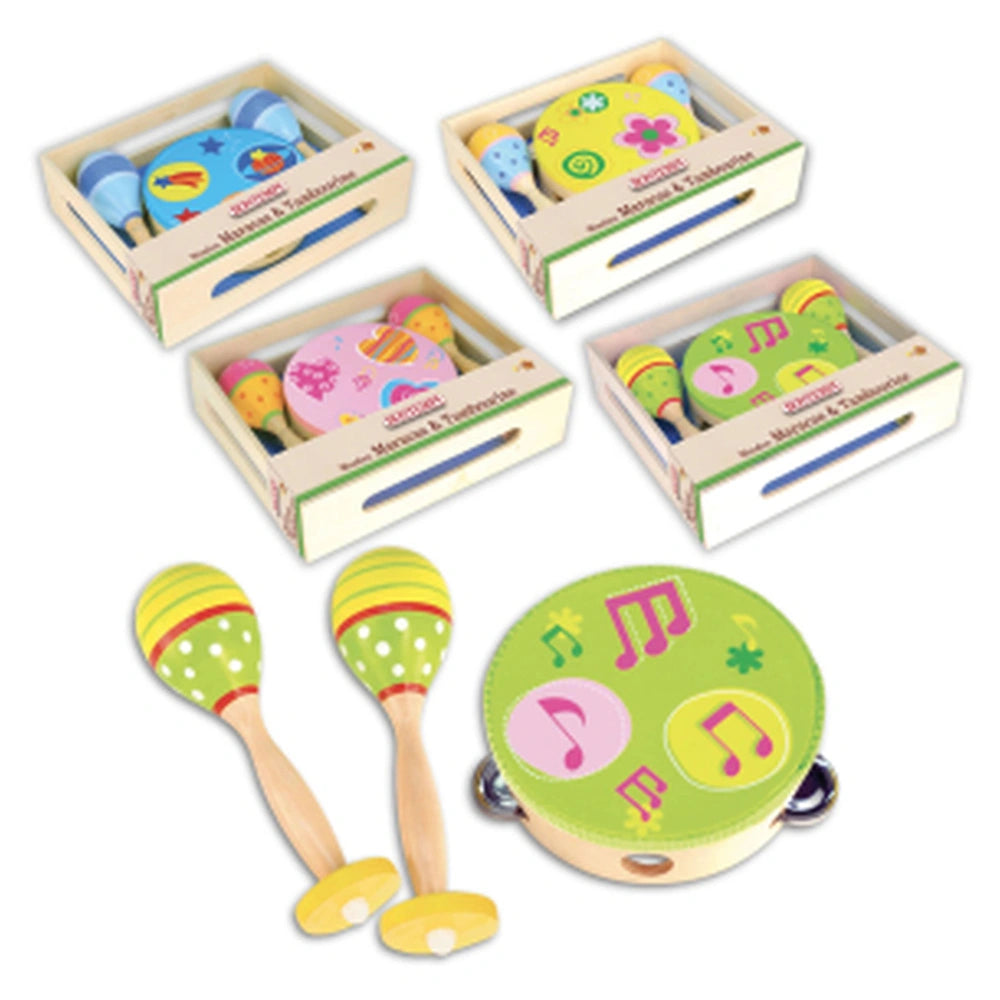 Bontempi wooden tambourine featuring colorful toy instruments including mallets, maracas, drums, xylophones, cymbals, and bel