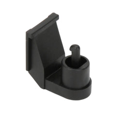 Black plastic drawbar coupling for Bruder toy vehicles, featuring a hook attachment on a flat base.