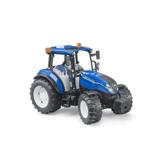Blue New Holland T5.120 toy tractor with realistic details, large tires, and orange lights, perfect for imaginative play.