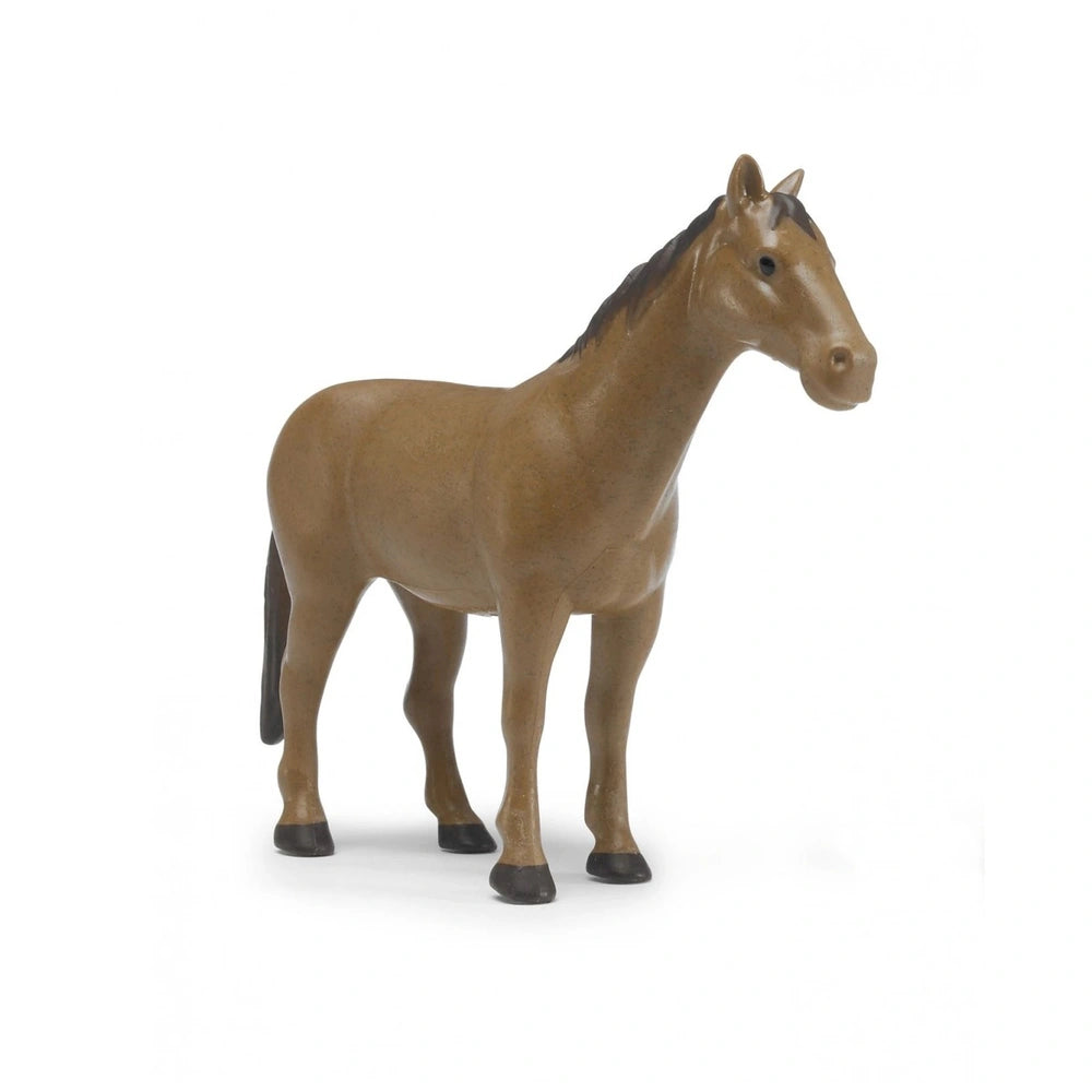Brown horse play figure with lifelike details, black mane, and tail, ideal for imaginative farmyard adventures.