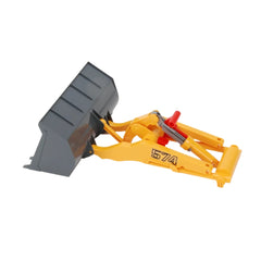 Yellow and gray Bruder bucket arm for Liebherr L574 play vehicle, featuring detailed moving parts and realistic design.