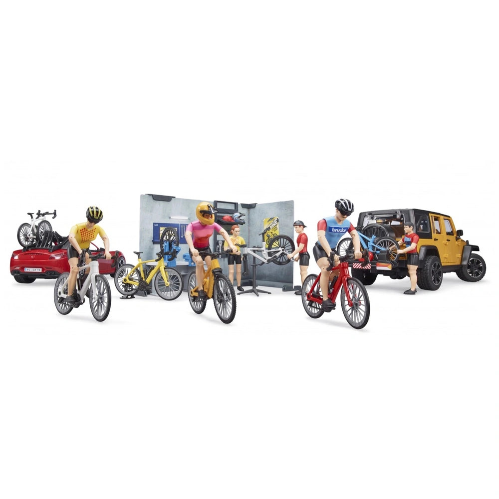 Toy bike shop with figures cycling and fixing bikes, surrounded by vibrant vehicles and detailed shop equipment.