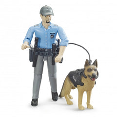 Police officer action figure with blue uniform and cap, holding a baton, standing beside a German shepherd dog.