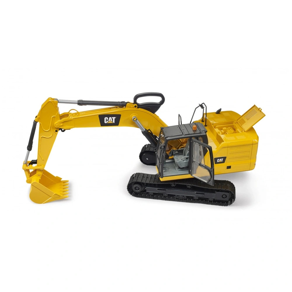 Yellow Bruder CAT Excavator toy with tracked wheels and movable arm, positioned side view against a white background.