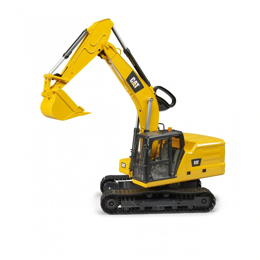 Yellow Bruder CAT Excavator toy with black tracks and movable arm featuring a shovel on a white background.