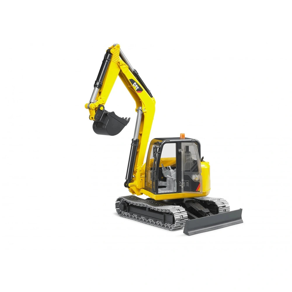 Yellow Bruder Cat Mini Excavator toy with tracked chassis and movable arm, designed for imaginative construction play.