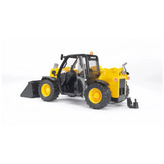 Yellow and black Bruder Caterpillar telehandler toy with realistic features and open door.