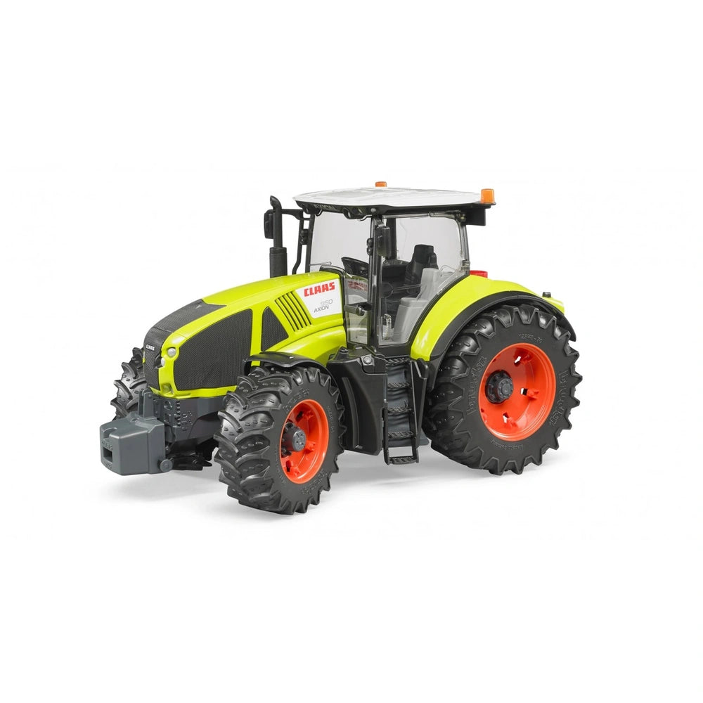 Bright green Claas Axion 950 toy tractor with large red wheels, black details, and clear cab, angled left.