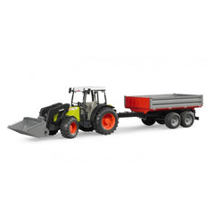 Bruder Claas Nectis 267 F tractor with gray front loader and red tipping trailer on a white background.