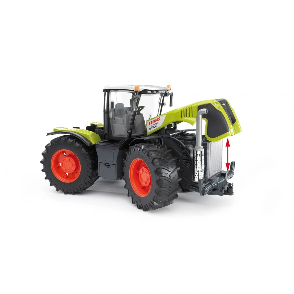 Bruder Claas Xerion 5000 toy tractor with a glazed cab, lime green body, and red wheels, showcasing realistic details.
