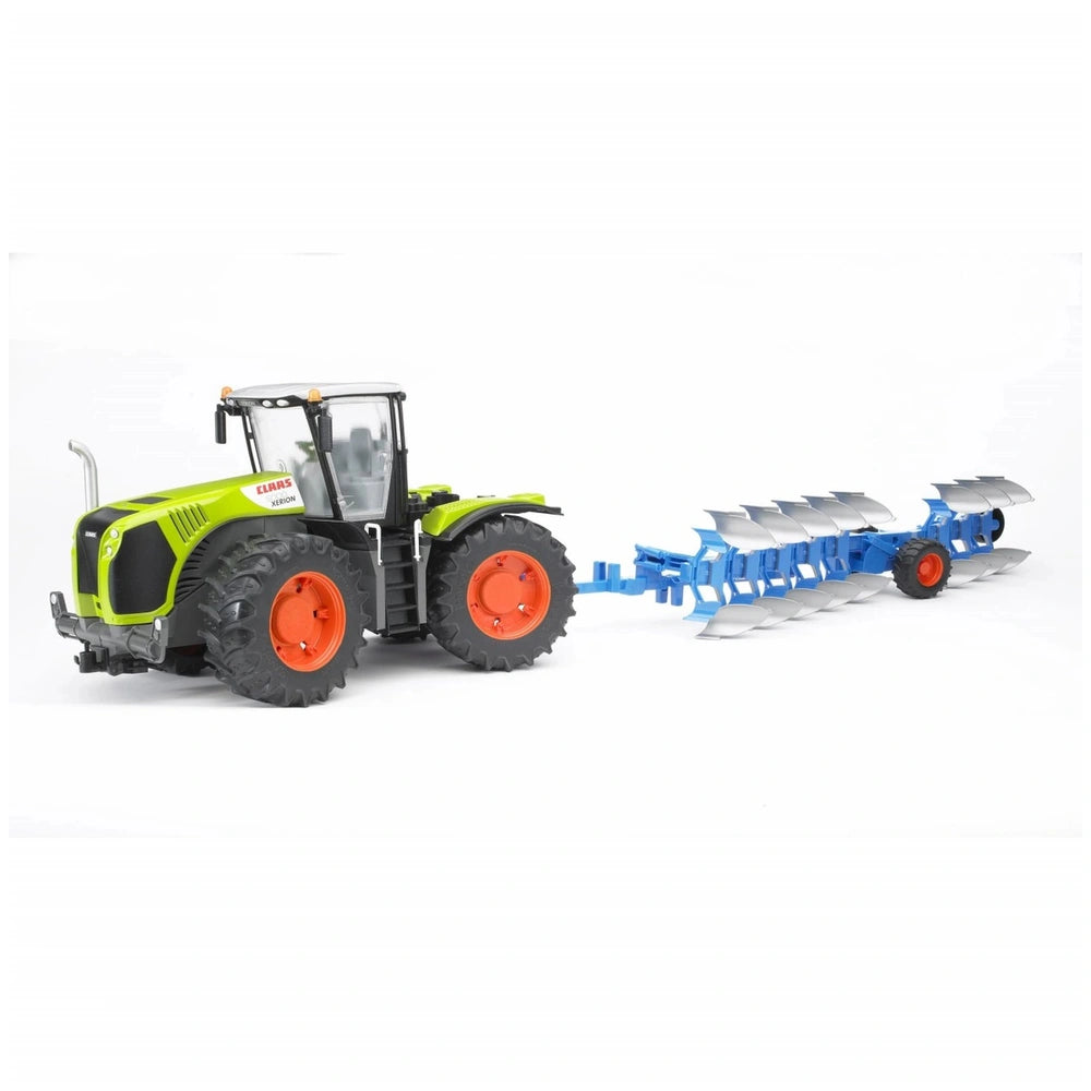 Bruder Claas Xerion 5000 toy tractor with vibrant green body and red wheels, attached to a detailed blue plow.