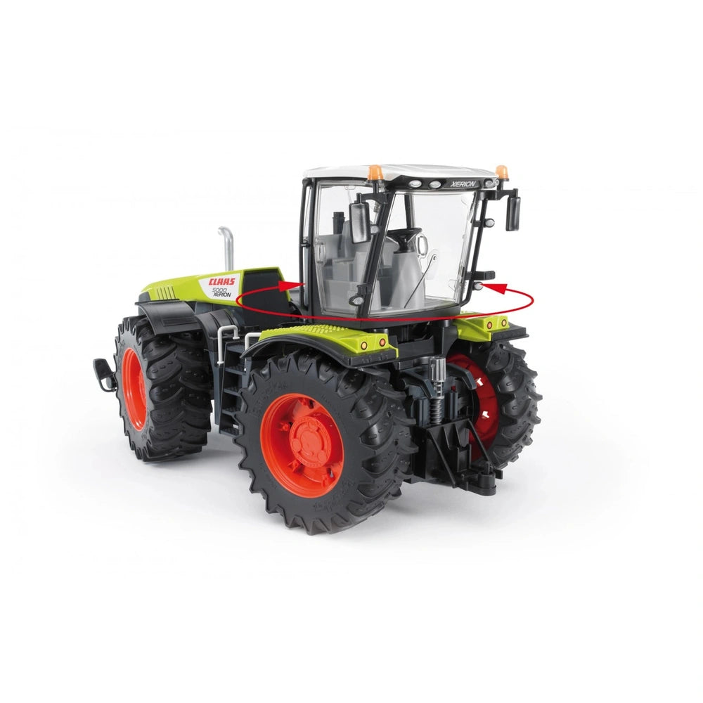 Claas Xerion 5000 toy tractor, 1:16 scale, features rotating cab, realistic detailing, large red wheels, and green accents.