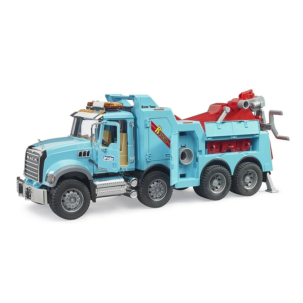 Blue Bruder MACK Granite toy tow truck with red crane and realistic details, perfect for kids' imaginative play.